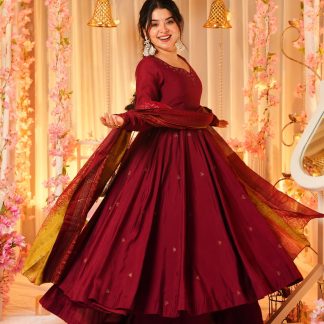 Designer Chinnon Silk Gown With Flair Plazzo And Digital Print Dupatta